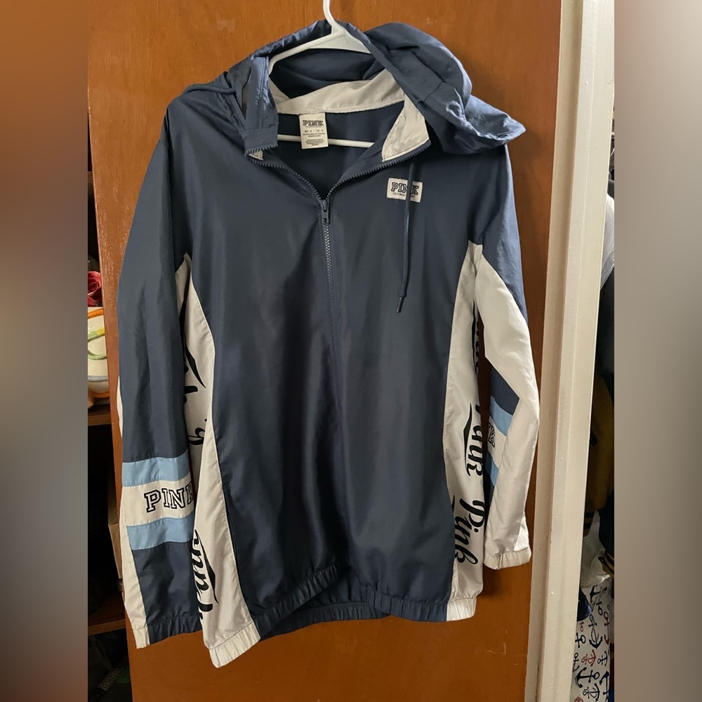 Blue and white pink rain jacket.